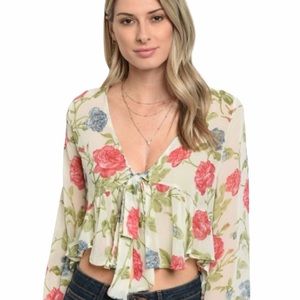 Ivory Floral Red Blue Multicolored Blouse Ruffled Bell Sleeves Cropped Top